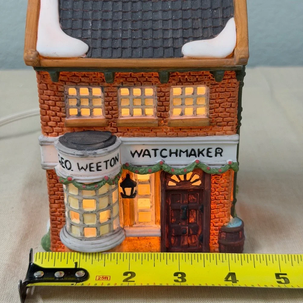 Vintage Lighted Christmas Village House Porcelain Watchmaker w Box & Cord Decor